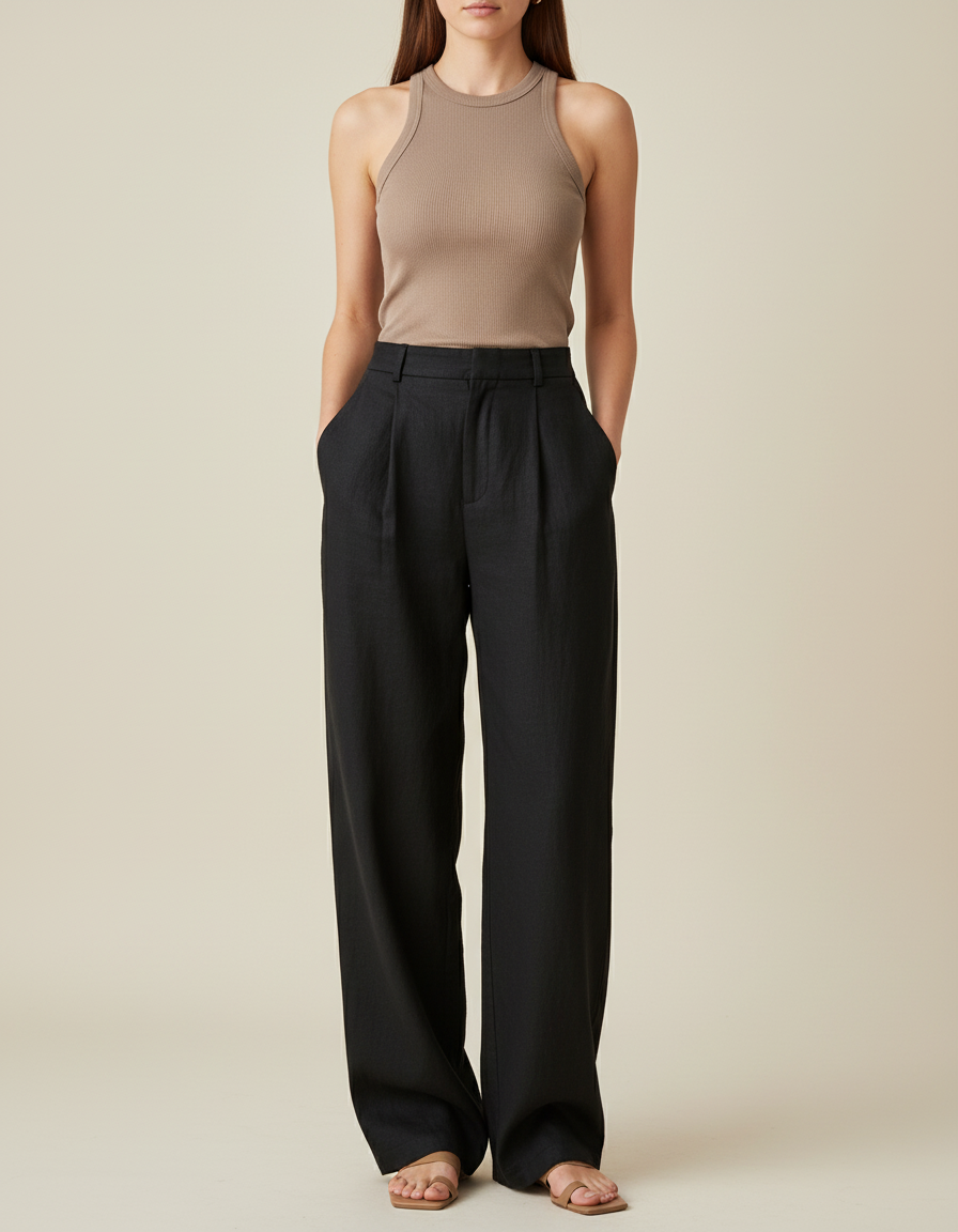 Pantalon Baggy Noir Lin Ample Plissé Décontracté