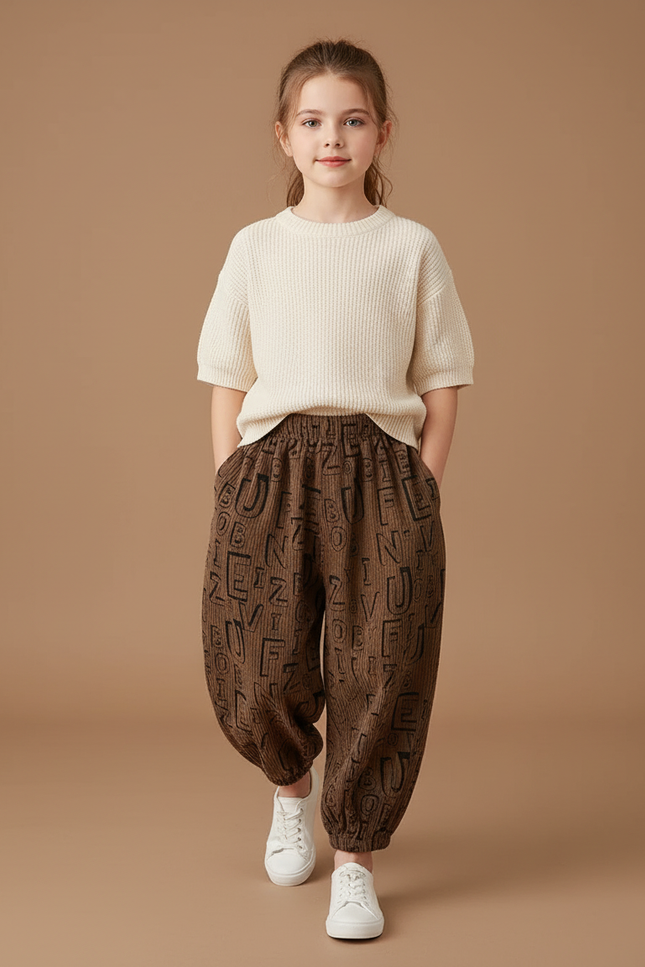 Pantalon Baggy Marron Lettres Ample Côtelé Enfant - Cordé