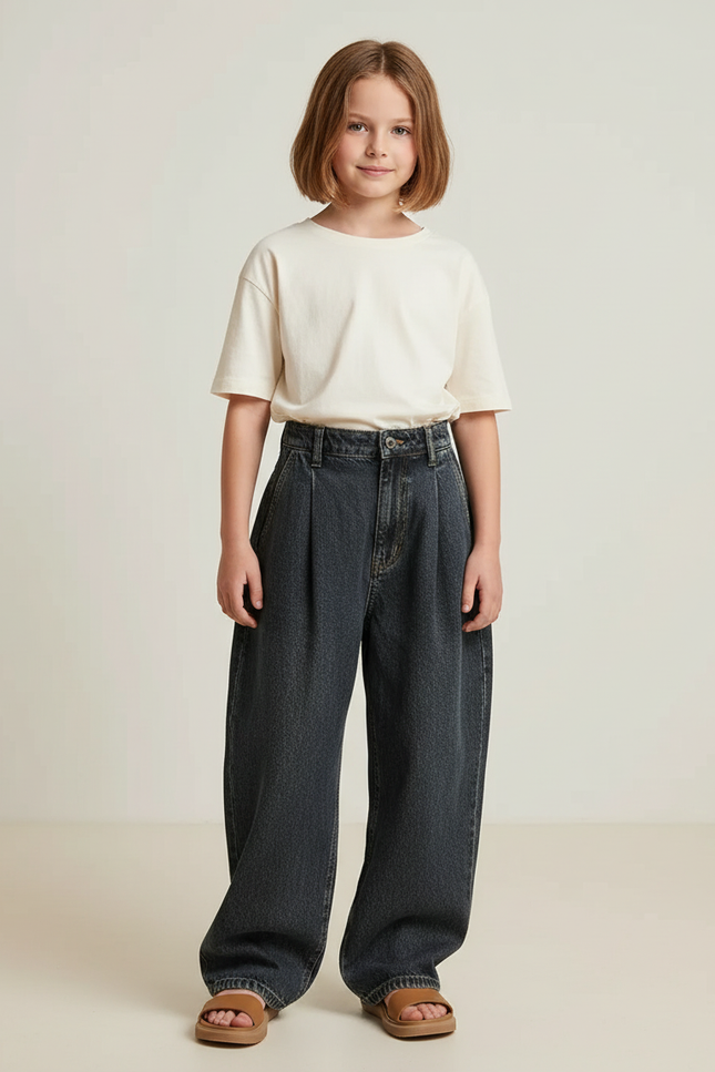 Pantalon Baggy Jean Gris Ample Plissé Enfant
