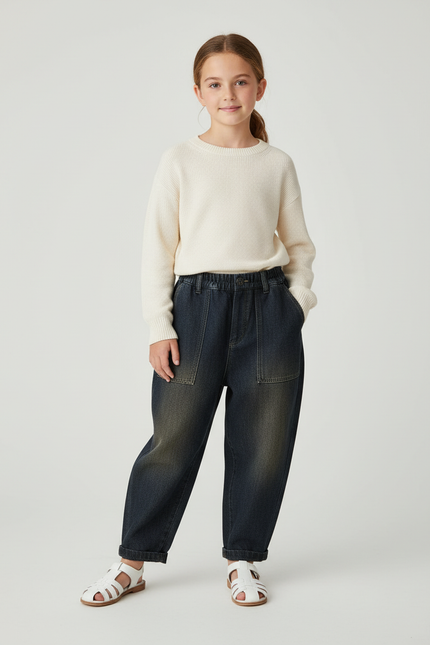 Pantalon Baggy Denim Ample Décontracté Enfant Élastique - Marine Jean