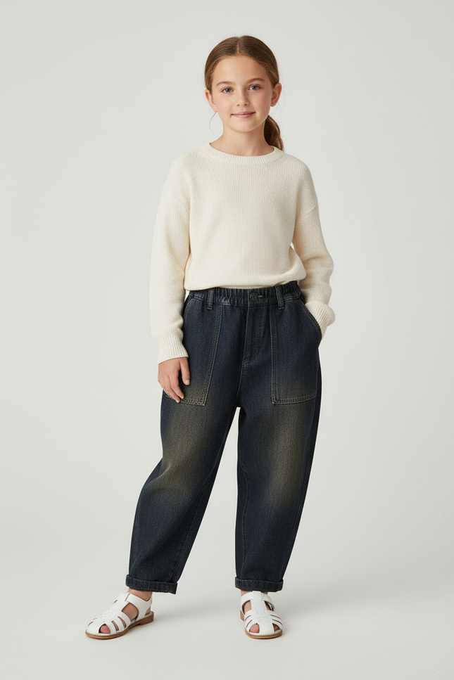 Pantalon Baggy Denim Ample Décontracté Enfant Élastique - Marine Jean