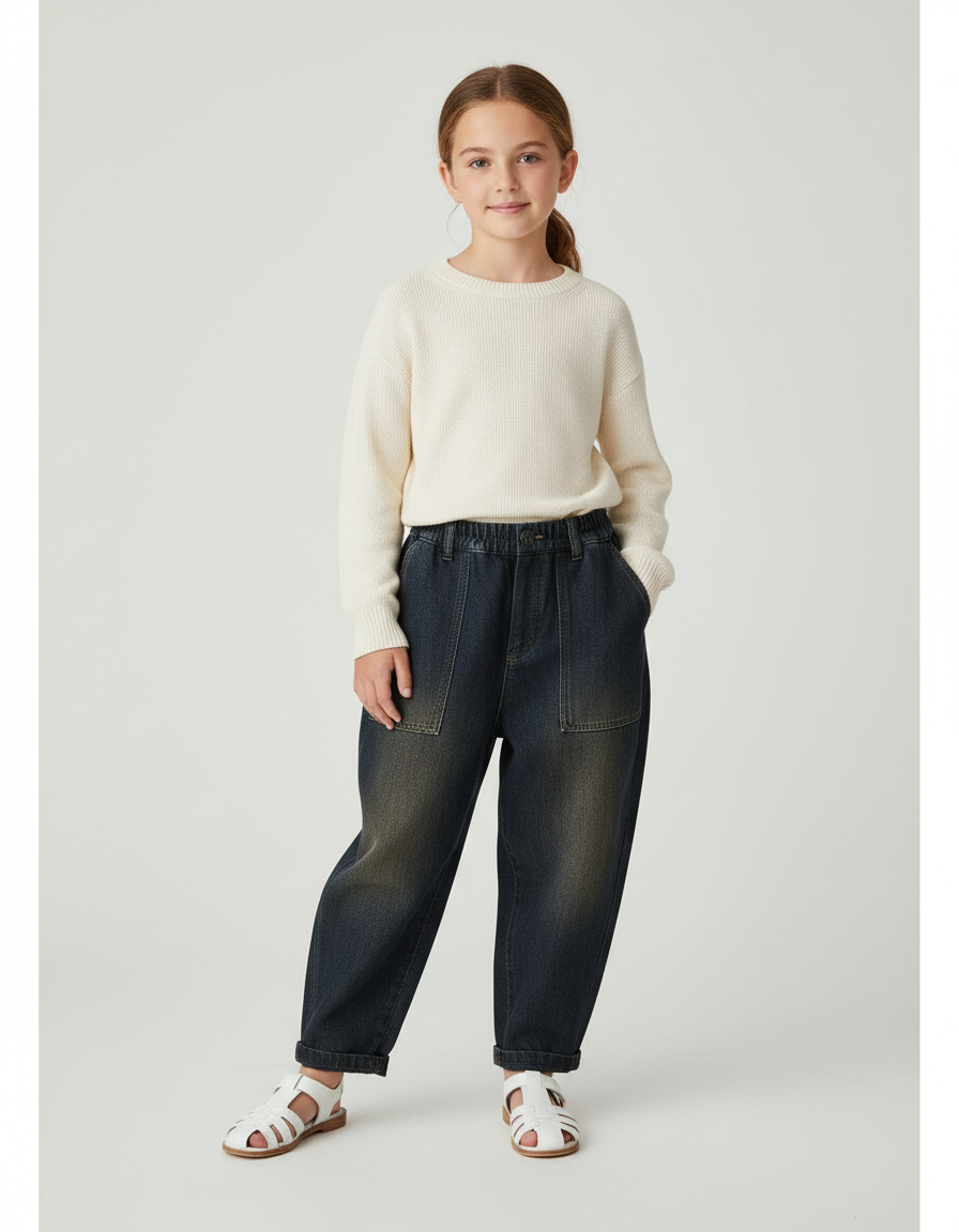 Pantalon Baggy Denim Ample Décontracté Enfant Élastique - Marine Jean