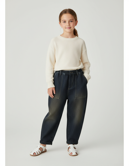 Pantalon Baggy Denim Ample Décontracté Enfant Élastique - Marine Jean