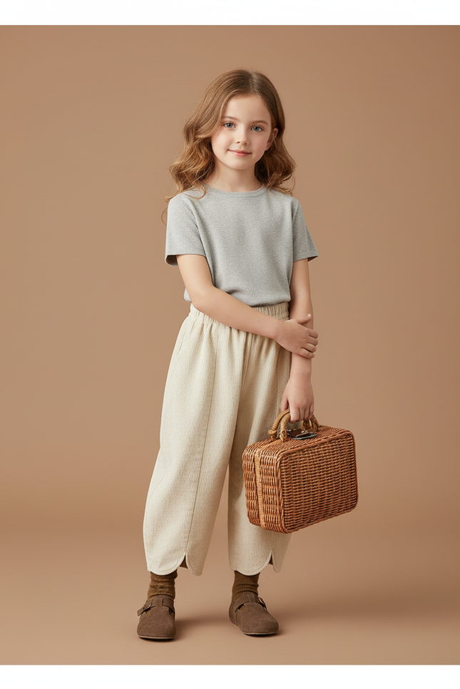 Pantalon Baggy Crème Côtelé Ample Scallop Enfant - Beige Cordé