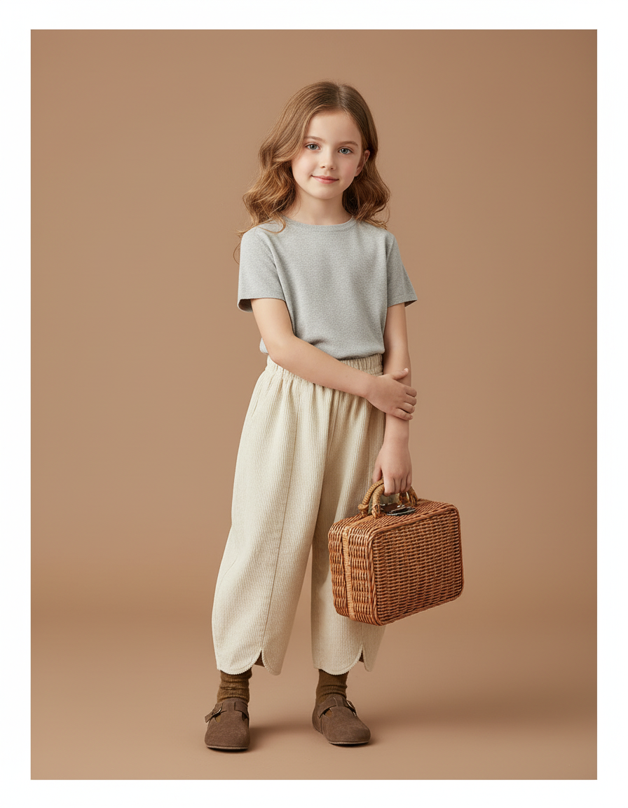 Pantalon Baggy Crème Côtelé Ample Scallop Enfant - Beige Cordé
