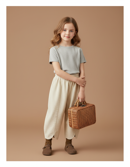 Pantalon Baggy Crème Côtelé Ample Scallop Enfant - Beige Cordé