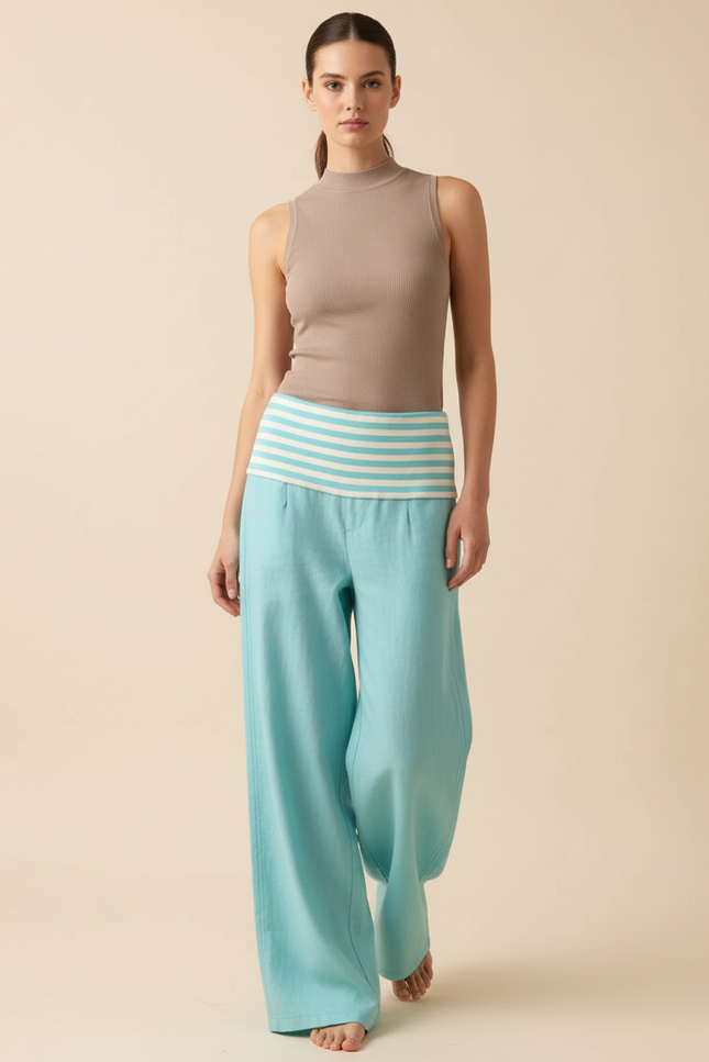 Pantalon Baggy Bleu Ciel Rayé Ample Fluide Confortable - Lin