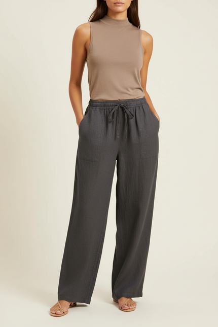 Pantalon Baggy Gris Coton Ample Cordon Femme - Lin