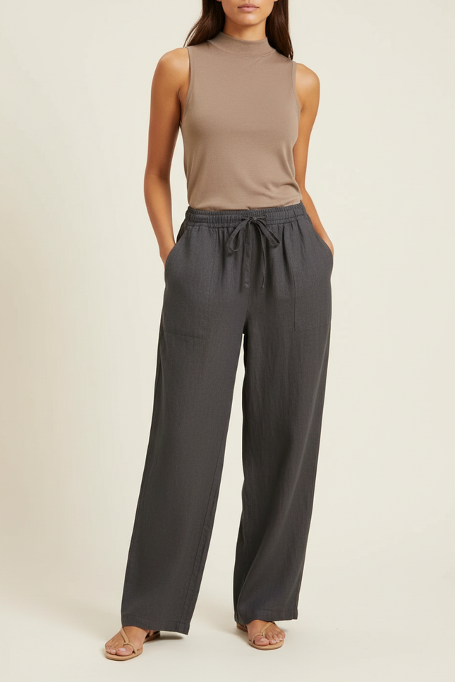 Pantalon Baggy Gris Coton Ample Cordon Femme - Lin