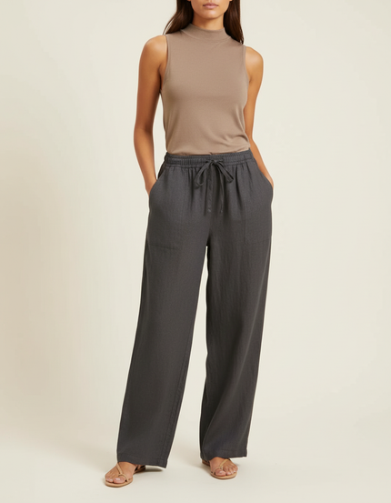 Pantalon Baggy Gris Coton Ample Cordon Femme - Lin