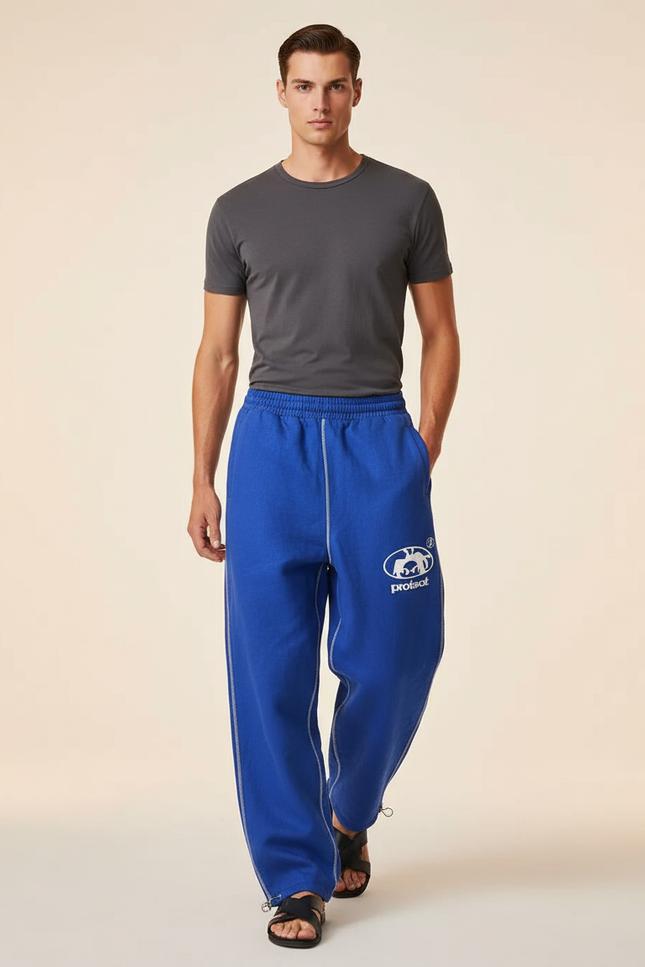 Pantalon Baggy Bleu Roi Ample Brodé Molleton Décontracté