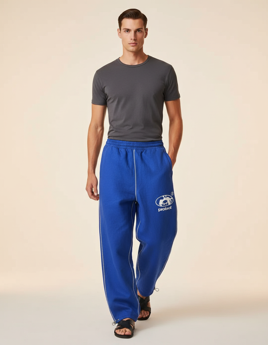 Pantalon Baggy Bleu Roi Ample Brodé Molleton Décontracté