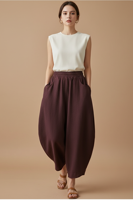 Pantalon Baggy Marron Ample Coton Femme Décontracté