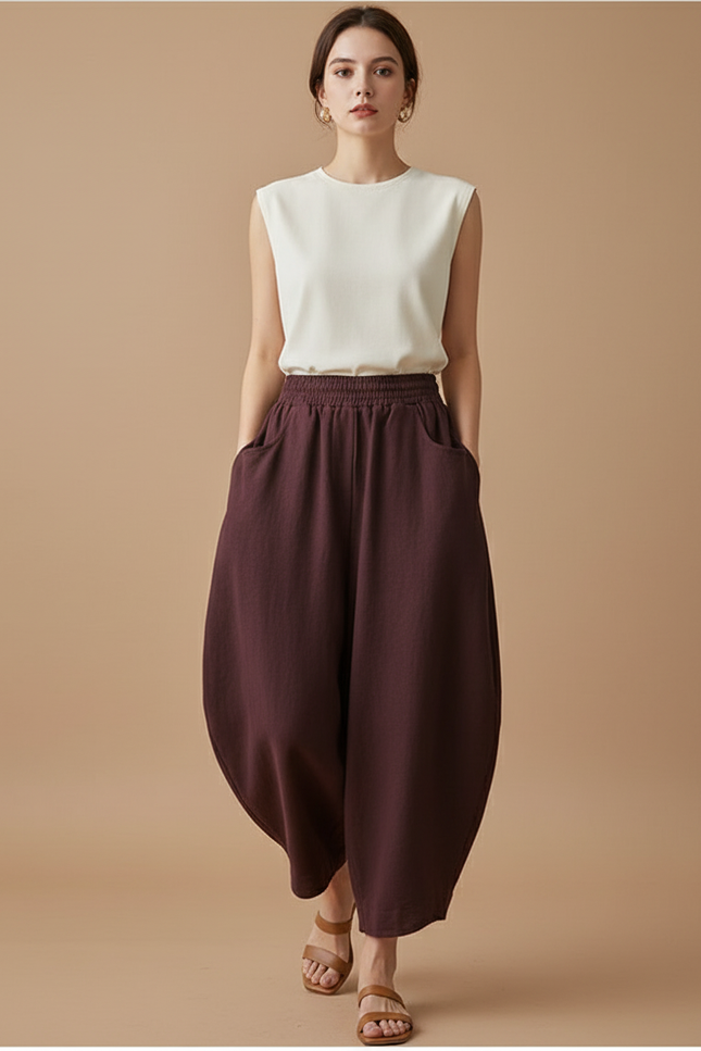 Pantalon Baggy Marron Ample Coton Femme Décontracté