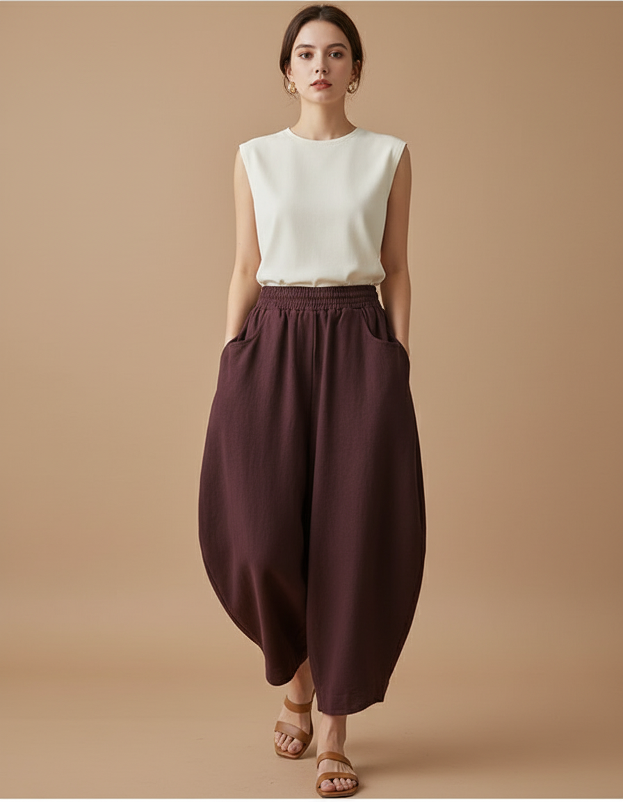 Pantalon Baggy Marron Ample Coton Femme Décontracté