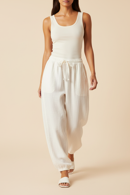 Pantalon Baggy Crème Lin Ample Confortable Femme - Blanc