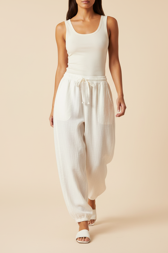 Pantalon Baggy Crème Lin Ample Confortable Femme - Blanc