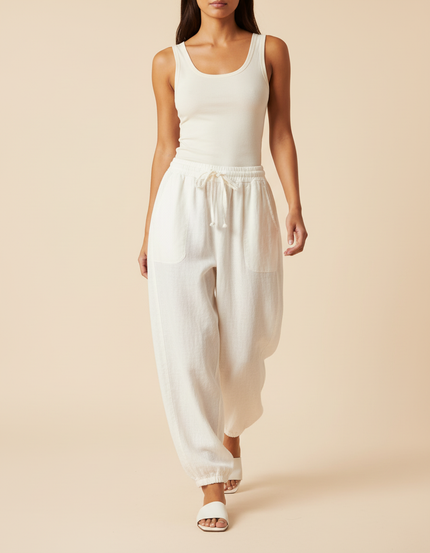 Pantalon Baggy Crème Lin Ample Confortable Femme - Blanc