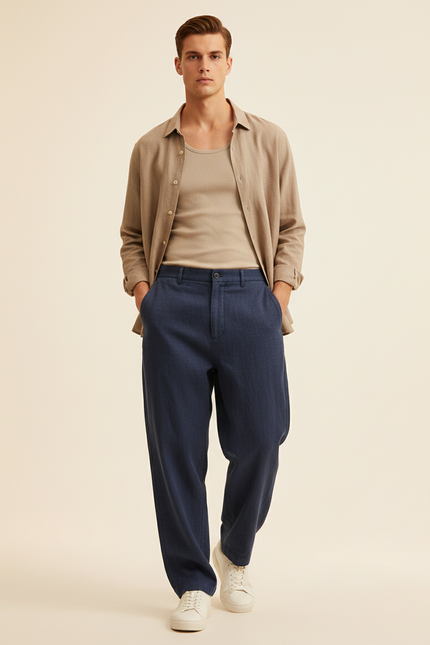 Pantalon Baggy Bleu Marine Ample Décontracté Homme - Lin