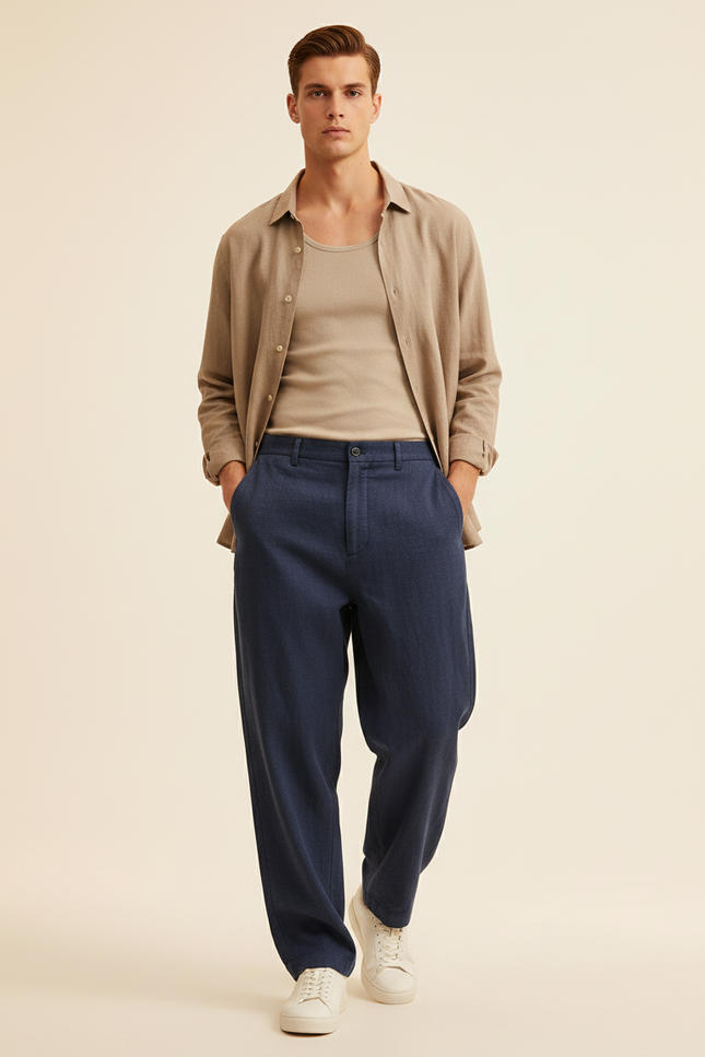 Pantalon Baggy Bleu Marine Ample Décontracté Homme - Lin