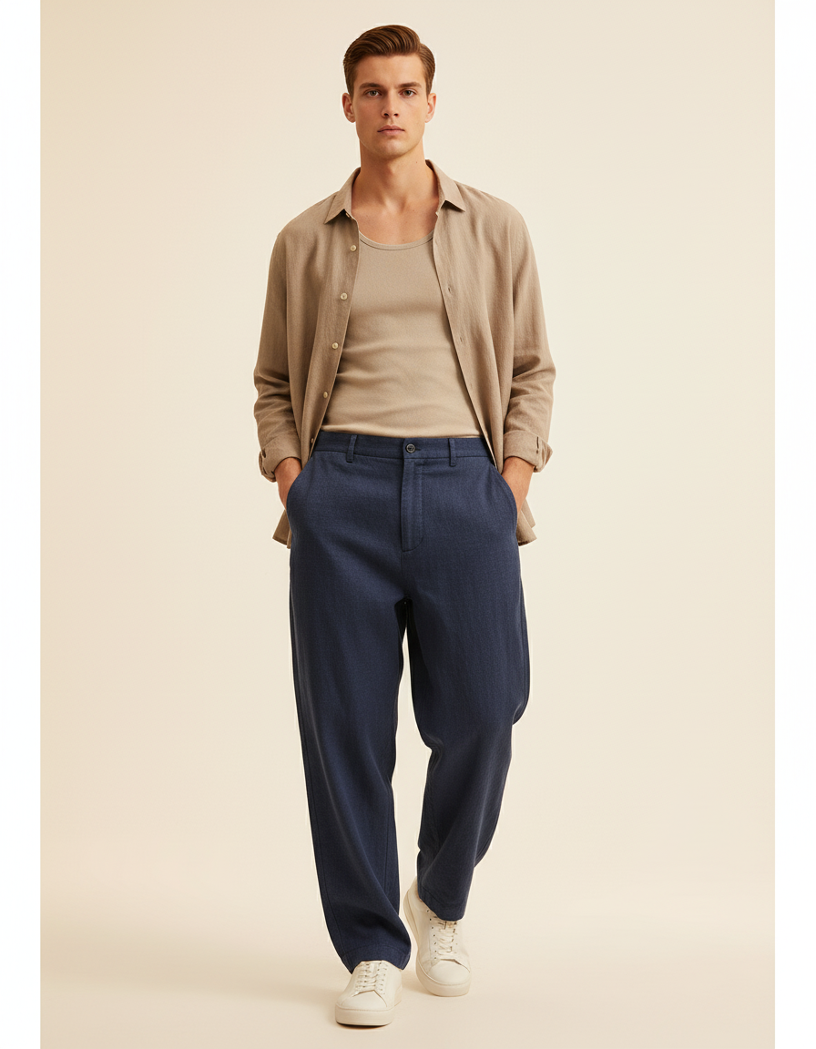 Pantalon Baggy Bleu Marine Ample Décontracté Homme - Lin