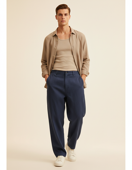 Pantalon Baggy Bleu Marine Ample Décontracté Homme - Lin
