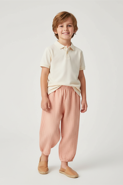 Pantalon Baggy Rose Pêche Coton Lin Ample Enfant