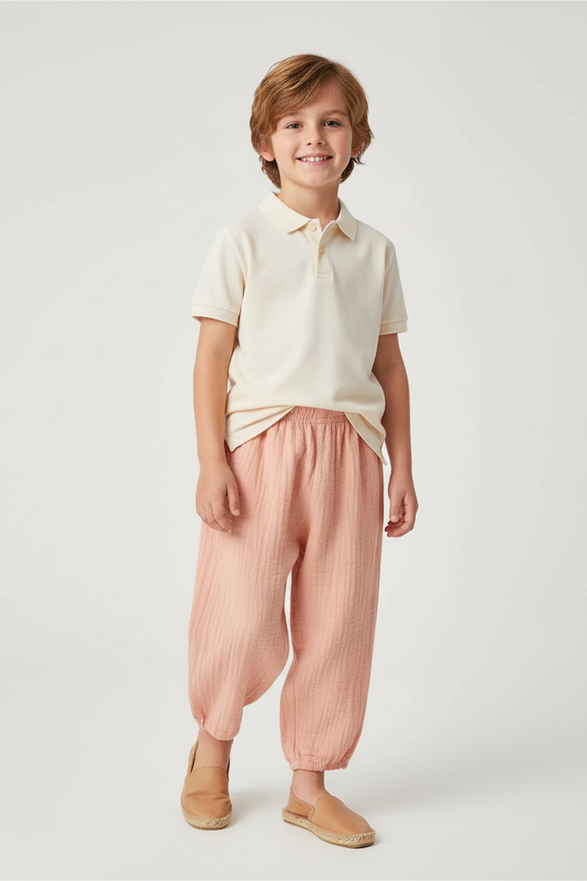 Pantalon Baggy Rose Pêche Coton Lin Ample Enfant