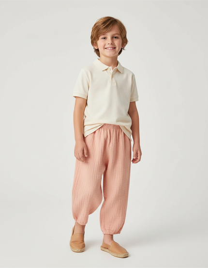 Pantalon Baggy Rose Pêche Coton Lin Ample Enfant