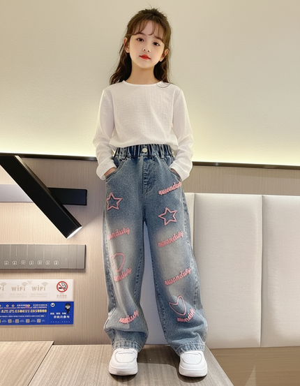 Pantalon Baggy Jean Bleu Brodé Étoiles Cœurs Enfant