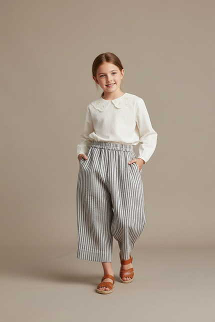Pantalon Baggy Lin Coton Rayé Ample Enfant Décontracté - Imprimé