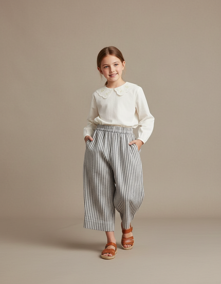 Pantalon Baggy Lin Coton Rayé Ample Enfant Décontracté - Imprimé