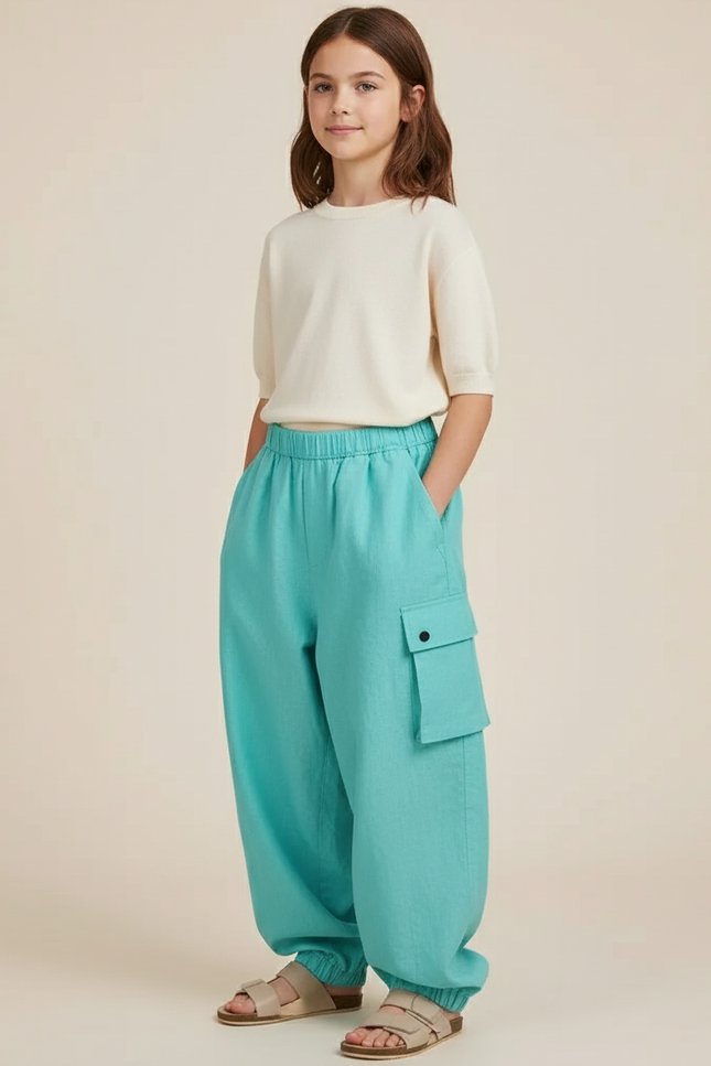 Pantalon Baggy Turquoise Cargo Ample Enfant - Bleu Lin