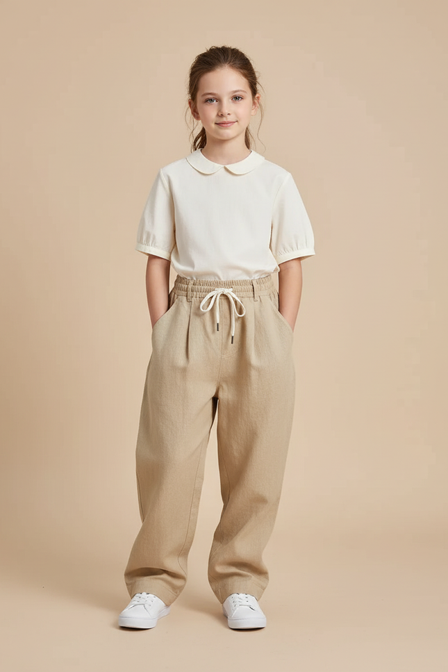 Pantalon Baggy Beige Lin Ample Décontracté Fille