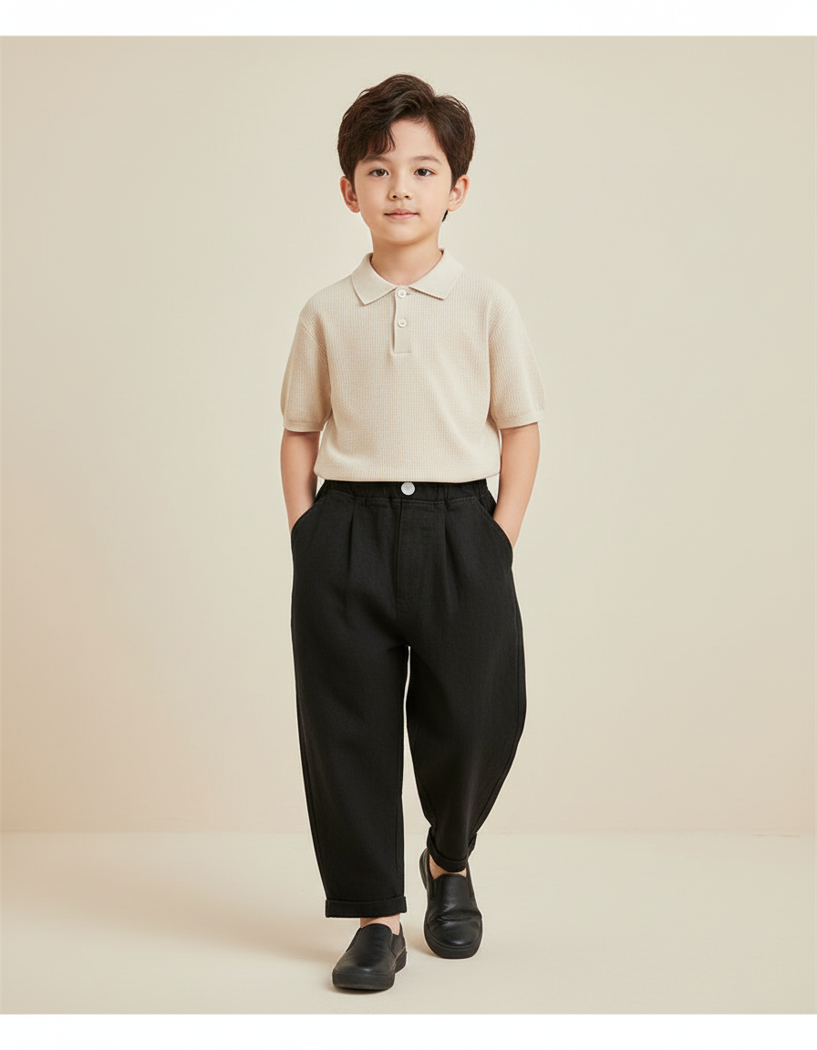 Pantalon Baggy Noir Ample Décontracté Enfant - Lin