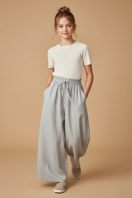 Pantalon Baggy Gris Clair Ample Cordon Enfant - Lin