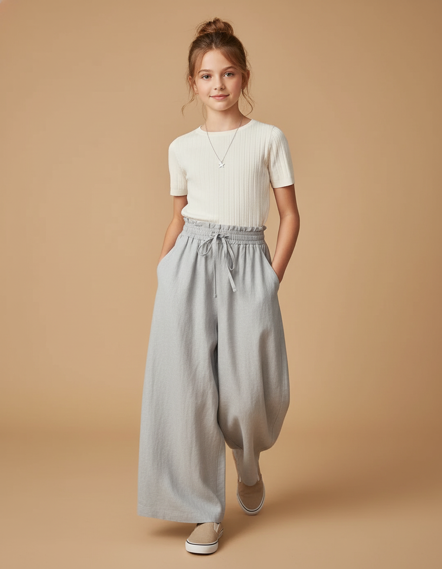Pantalon Baggy Gris Clair Ample Cordon Enfant - Lin