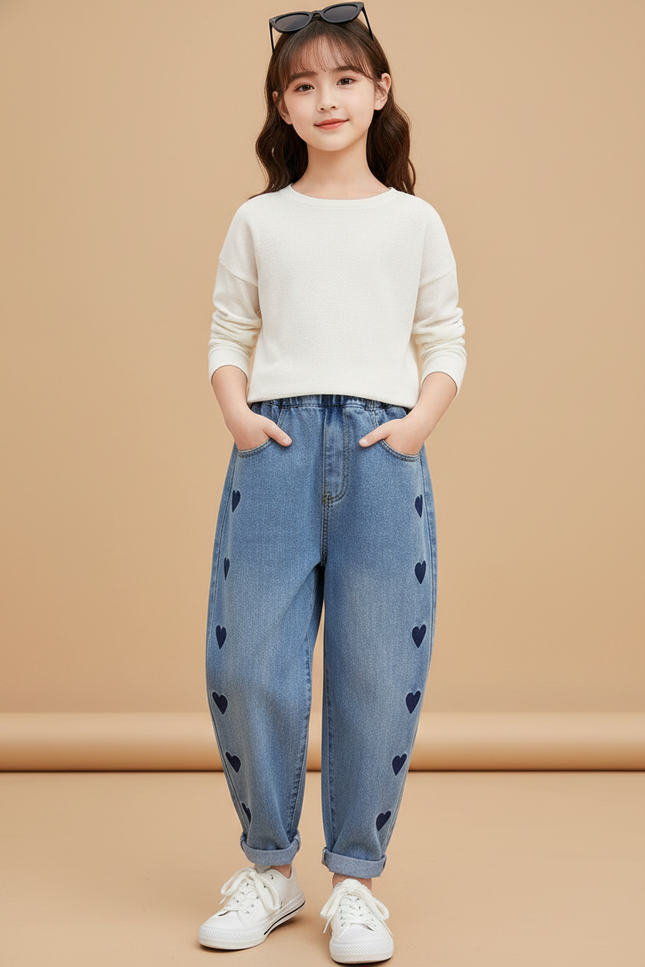 Pantalon Baggy Denim Bleu Cœurs Ample Enfant - Jean