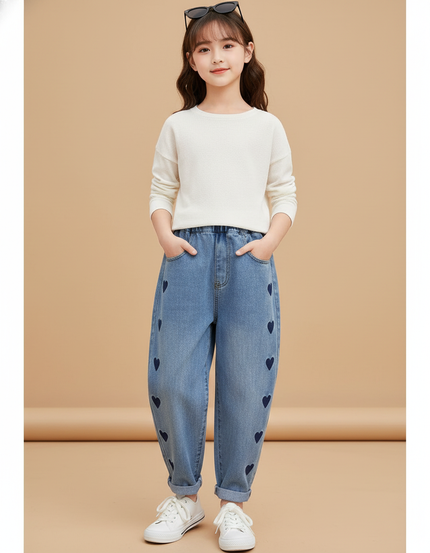 Pantalon Baggy Denim Bleu Cœurs Ample Enfant - Jean