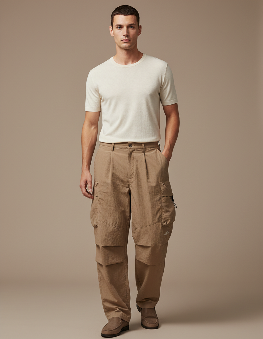 Pantalon Baggy Cargo Beige Ample Confortable Décontracté - Polyester