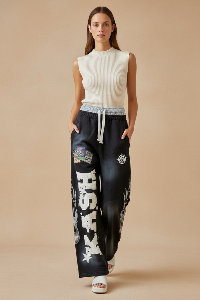 Pantalon Baggy Noir Ample Imprimé Graphique Décontracté Cordon - Jean