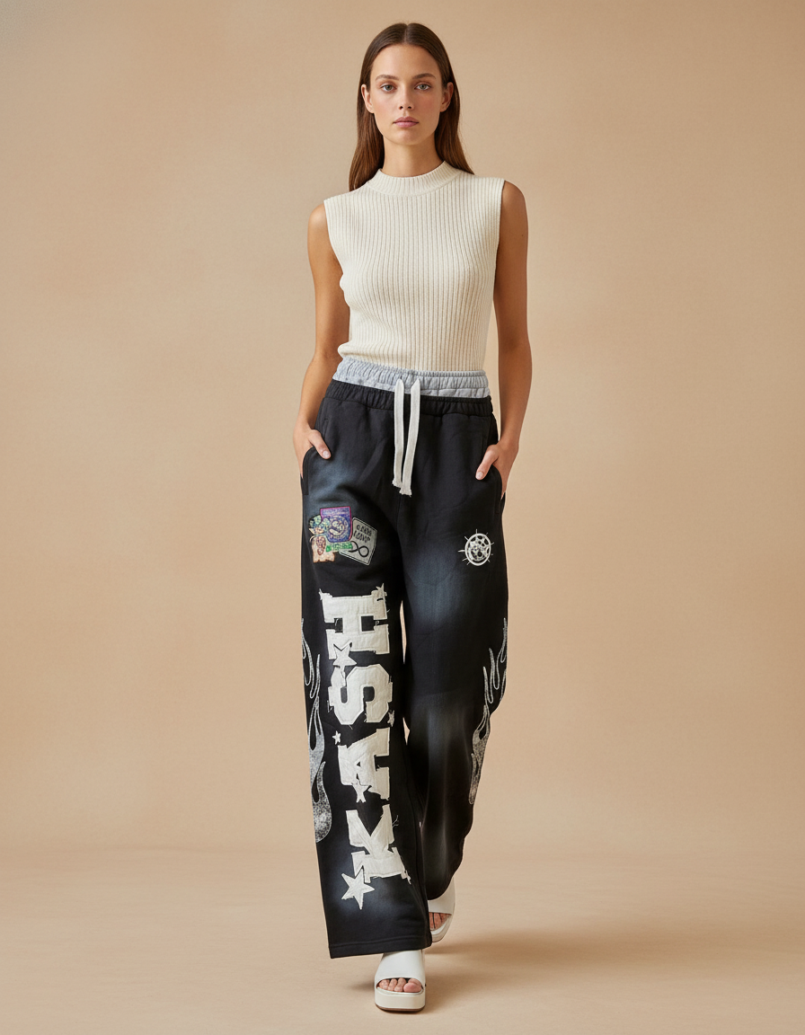 Pantalon Baggy Noir Ample Imprimé Graphique Décontracté Cordon - Jean