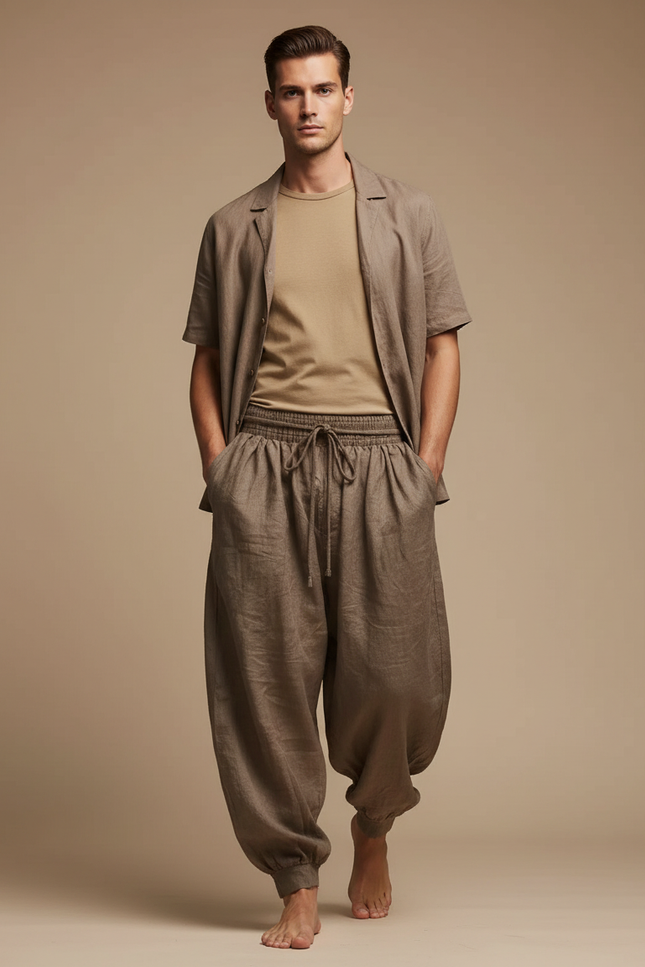 Pantalon Baggy Marron Lin Ample Cordon Décontracté Homme