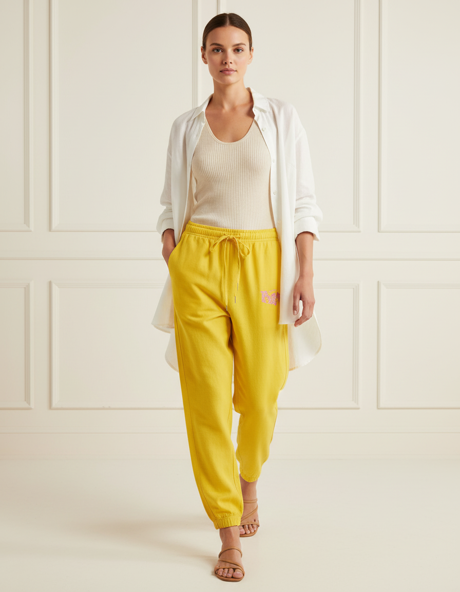 Pantalon Baggy Jaune Ample Coton Décontracté Imprimé - Molleton