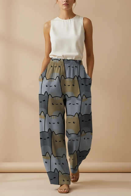 Pantalon Baggy Imprimé Chats Ample Confortable Femme - Viscose