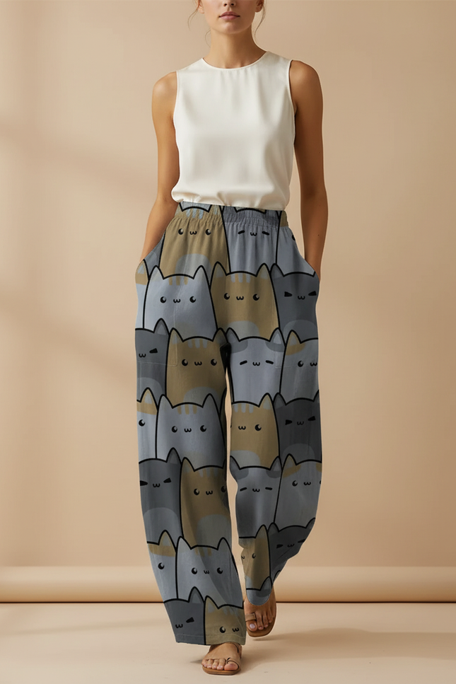 Pantalon Baggy Imprimé Chats Ample Confortable Femme - Viscose