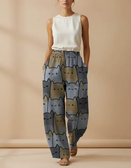 Pantalon Baggy Imprimé Chats Ample Confortable Femme - Viscose
