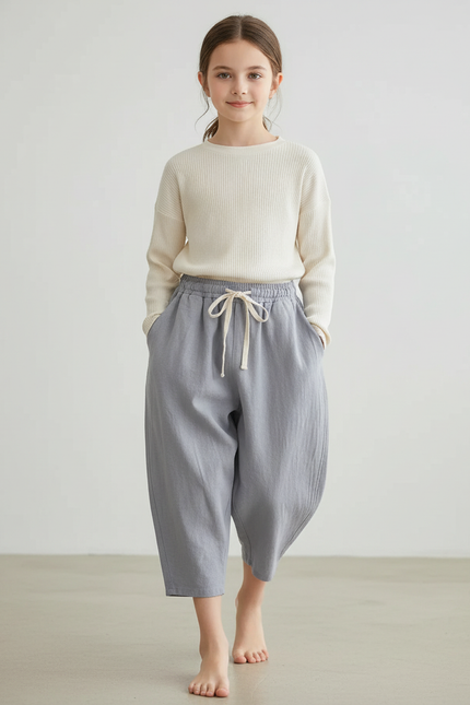 Pantalon Baggy Gris Lin Ample Décontracté Cordon