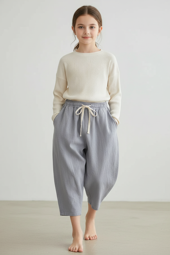Pantalon Baggy Gris Lin Ample Décontracté Cordon