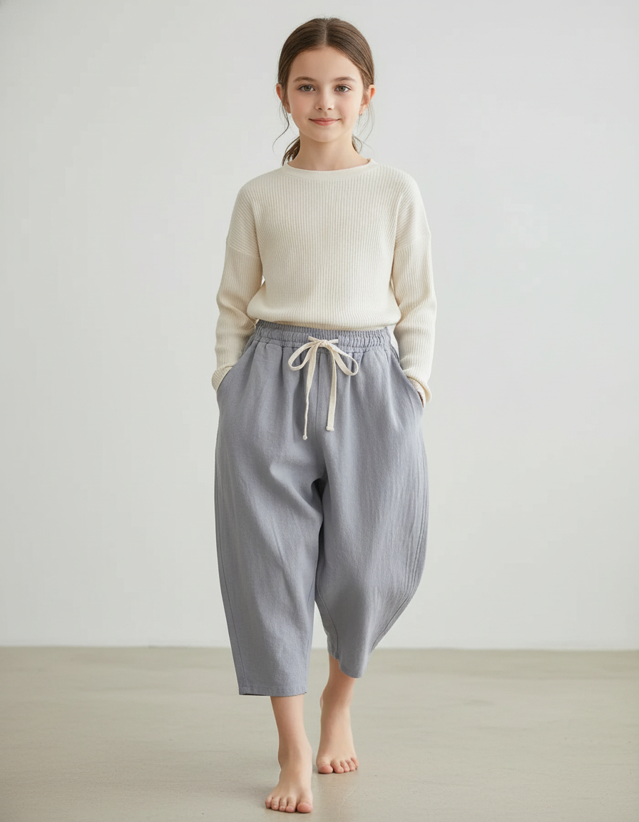 Pantalon Baggy Gris Lin Ample Décontracté Cordon